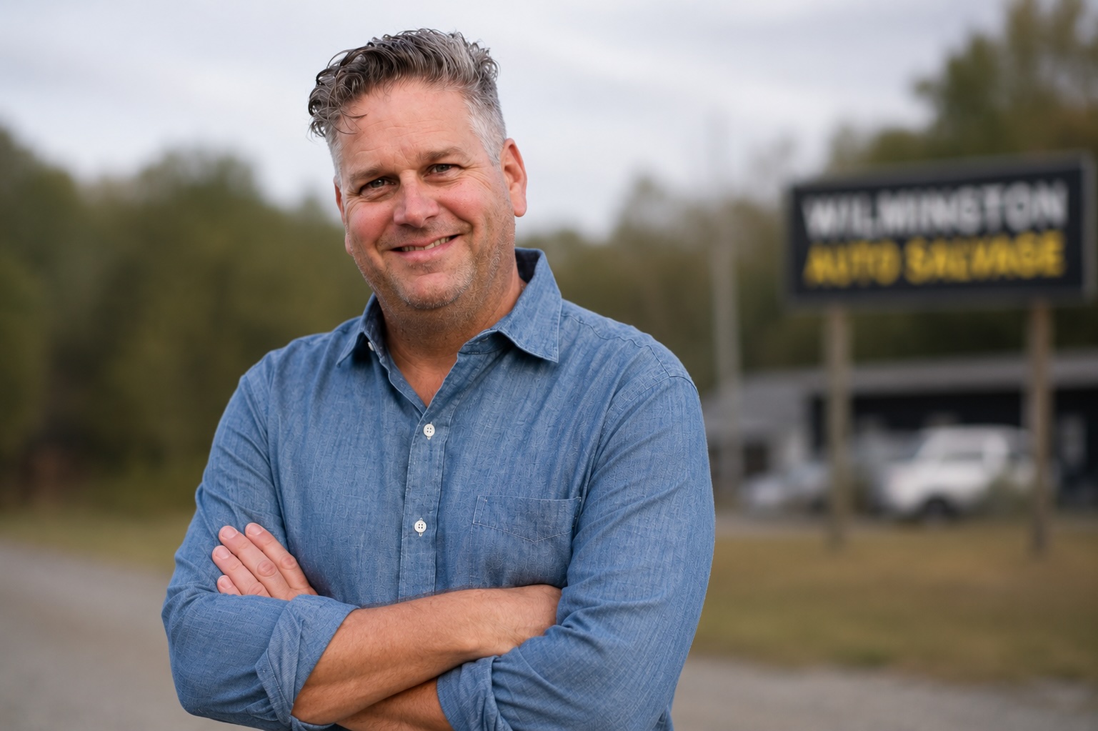Owner of Wilmington Auto Salvage standing in front of the lot and sign